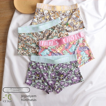 Női boxer briefs ice silk anyagból, lélegző; középmagas derekú; fő anyag: nylon; ágyéki rész pamut bélés (90–95%).