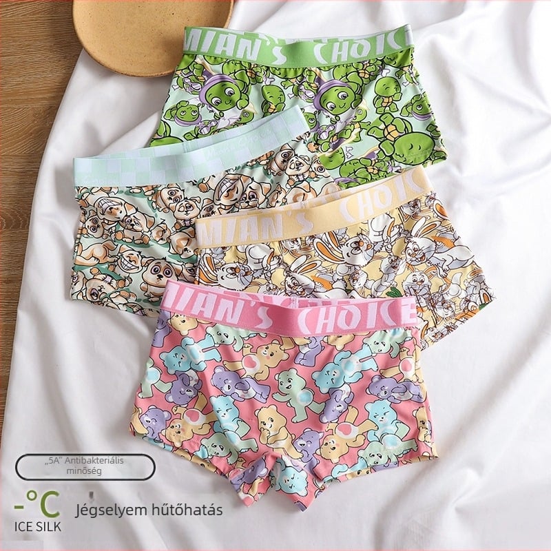 Női boxer briefs ice silk anyagból, lélegző; középmagas derekú; fő anyag: nylon; ágyéki rész pamut bélés (90–95%).