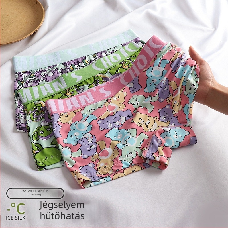 Női boxer briefs ice silk anyagból, lélegző; középmagas derekú; fő anyag: nylon; ágyéki rész pamut bélés (90–95%).