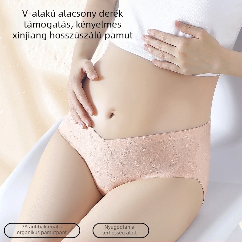 Pamutból készült terhességi női alsóneműk, kiterjesztett szeméremrész, korai–késői terhességre, alacsony derék, V-alakú has-támasz