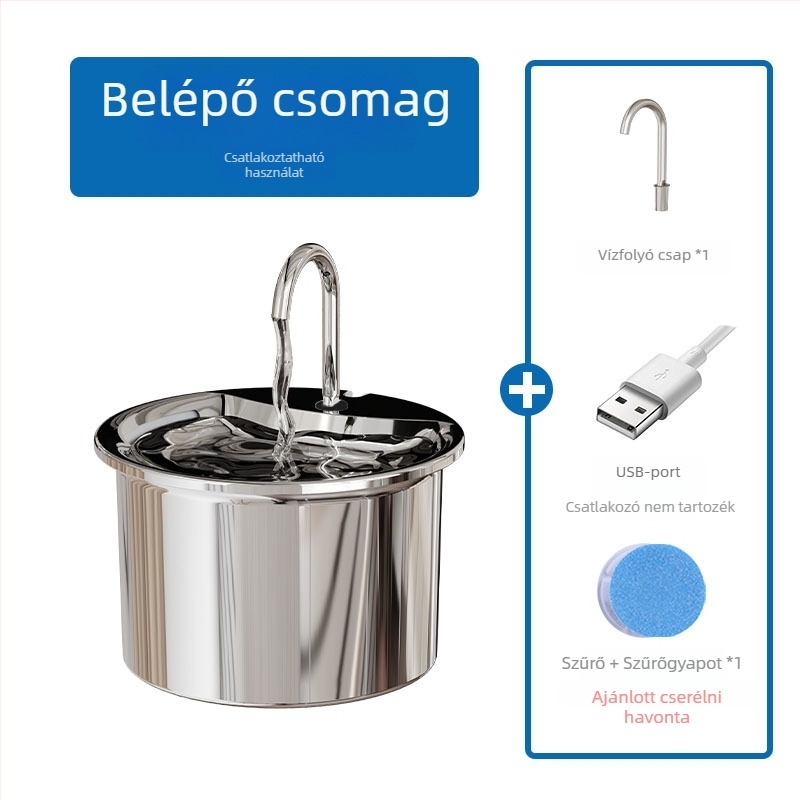 Rozsdamentes acélból készült háziállat vízforrás automatikus ciklussal és csendes működéssel, leválasztható dizájn, modell FT444, cikkszám 2505KFZB3688, macskáknak és kutyáknak