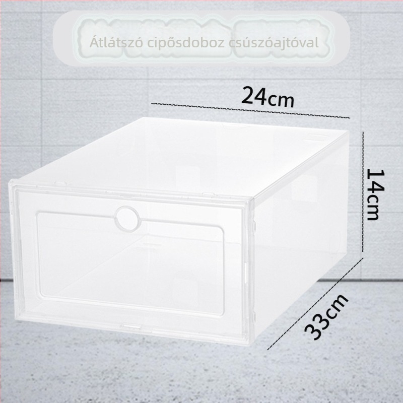 Átlátszó műanyag cipősdoboz fiókkal – összecsukható, fedett, halmozható, porálló, 18 L kapacitású, PP műanyag