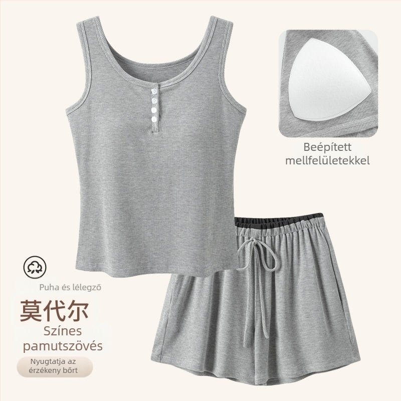 Női nyári pijamát szett Modal pamut szállal: ujjatlan felső és rövidnadrág, melltartó betéttel, vékony és légáteresztő