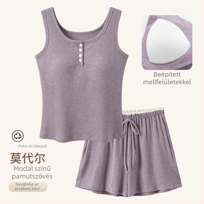 Női nyári pijamát szett Modal pamut szállal: ujjatlan felső és rövidnadrág, melltartó betéttel, vékony és légáteresztő