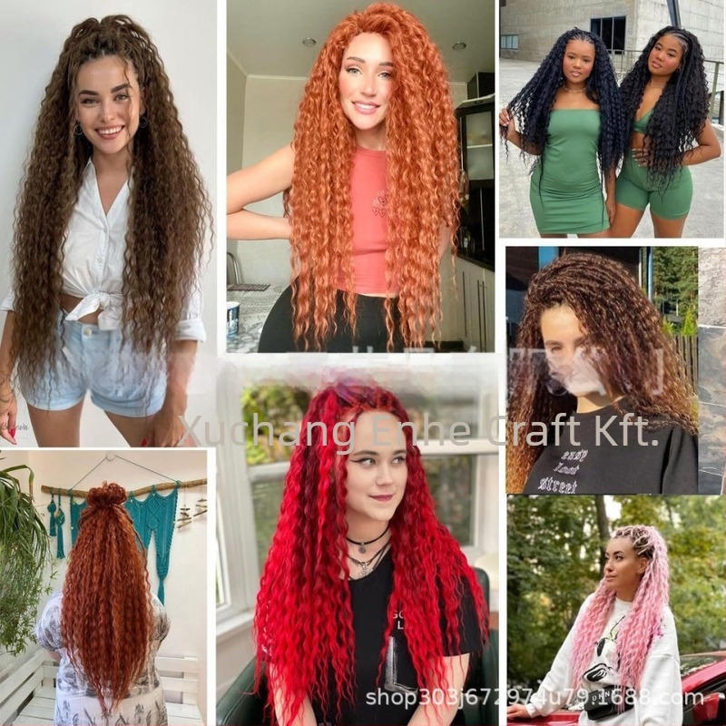 Paróka brazil fonat crochet haj, hosszú göndör haj, magas hőmérsékletű szálak, mechanikus kivitelezés