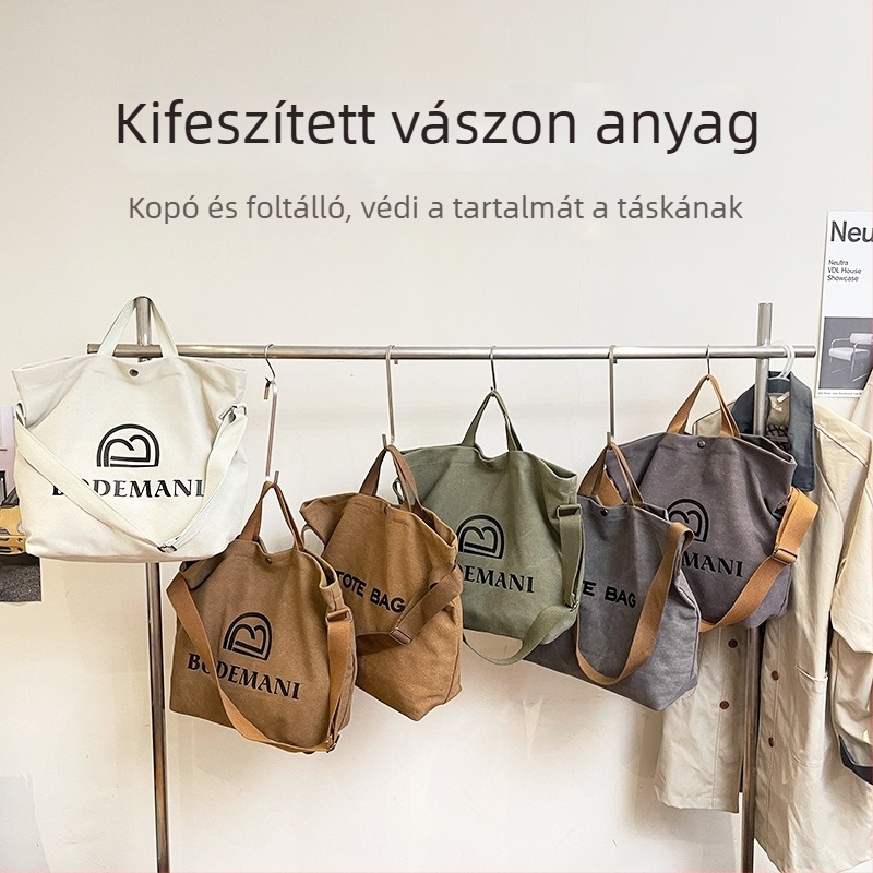 Utcai stílusú Tote táska, vászon anyag, horizontális négyzet alakú forma, függőleges nyitás belső cipzárral