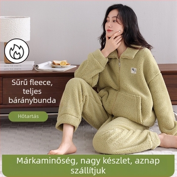 Női antisztatikus báránygyapjú pizsama készlet, extra vastag 301–350 g/m², álló gallér, hosszú ujjú