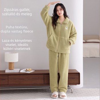 Női antisztatikus báránygyapjú pizsama készlet, extra vastag 301–350 g/m², álló gallér, hosszú ujjú