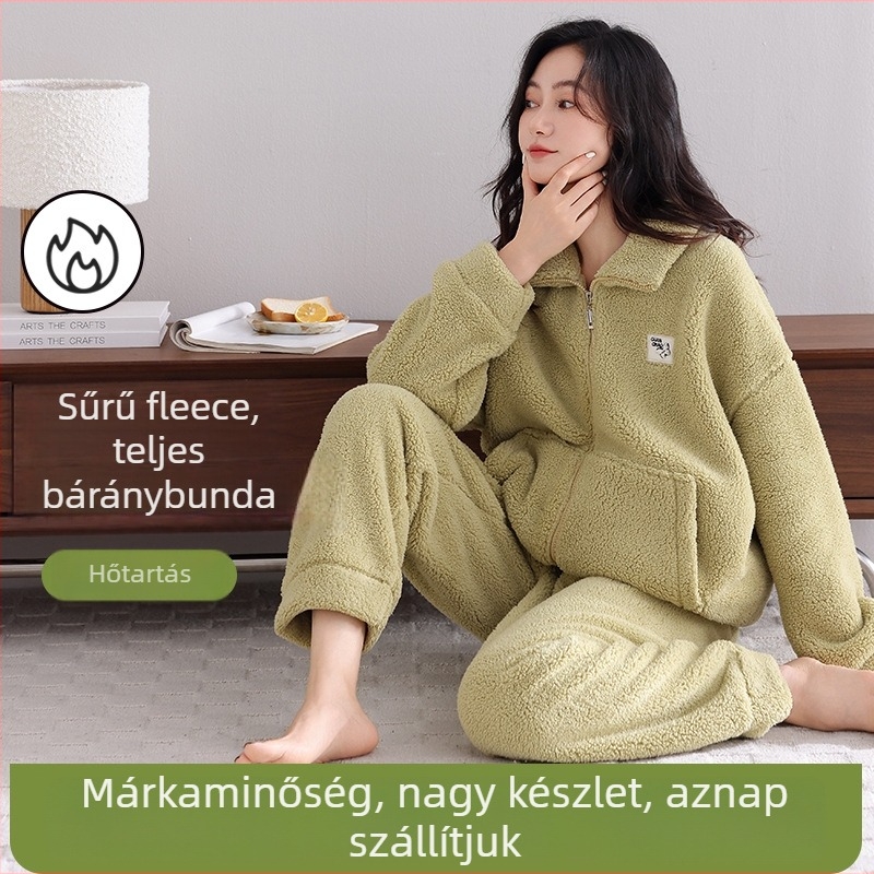 Női antisztatikus báránygyapjú pizsama készlet, extra vastag 301–350 g/m², álló gallér, hosszú ujjú