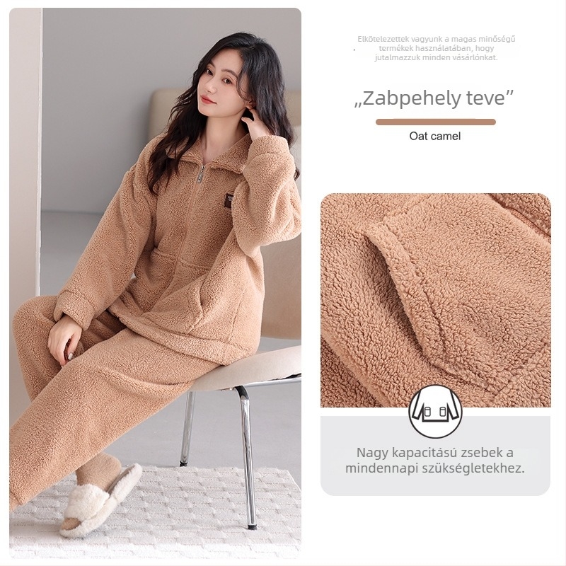 Női antisztatikus báránygyapjú pizsama készlet, extra vastag 301–350 g/m², álló gallér, hosszú ujjú