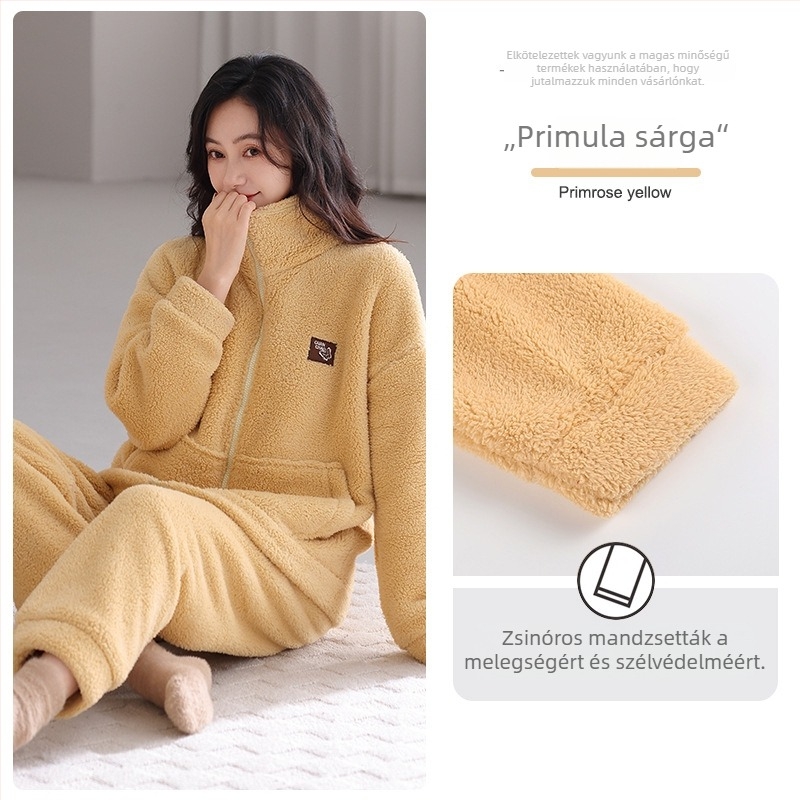 Női antisztatikus báránygyapjú pizsama készlet, extra vastag 301–350 g/m², álló gallér, hosszú ujjú