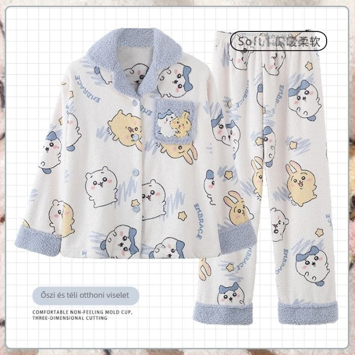 Koreai stílusú téli női pizsama szett fleece béléssel és karikatúra mintával, vastag otthoni viselet