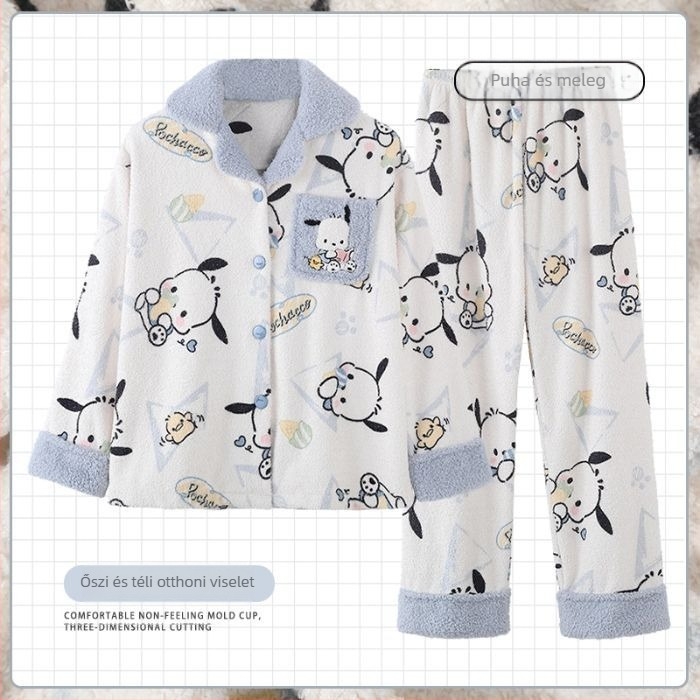 Koreai stílusú téli női pizsama szett fleece béléssel és karikatúra mintával, vastag otthoni viselet