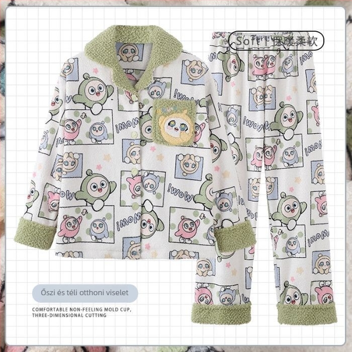 Koreai stílusú téli női pizsama szett fleece béléssel és karikatúra mintával, vastag otthoni viselet