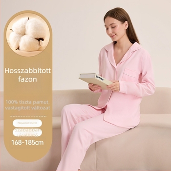 Női hosszú őszi–téli pizsama készlet, 100% pamut, vastag anyag, magas testalkathoz, otthoni viselet, külső használatra is alkalmas