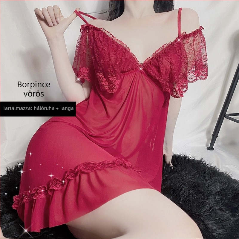 Női nyári pántos pizsama csipével, vékony anyagú poliészter 95%, 101–120 g/m², V-nyak, ujj nélküli