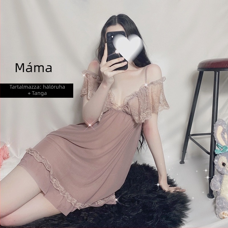 Női nyári pántos pizsama csipével, vékony anyagú poliészter 95%, 101–120 g/m², V-nyak, ujj nélküli