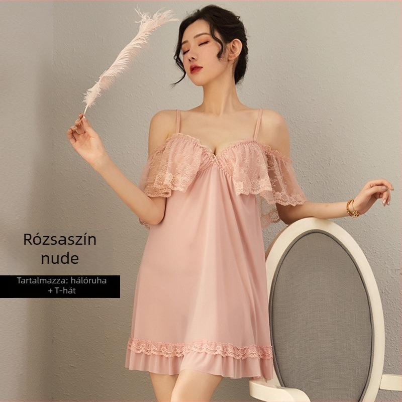 Női nyári pántos pizsama csipével, vékony anyagú poliészter 95%, 101–120 g/m², V-nyak, ujj nélküli