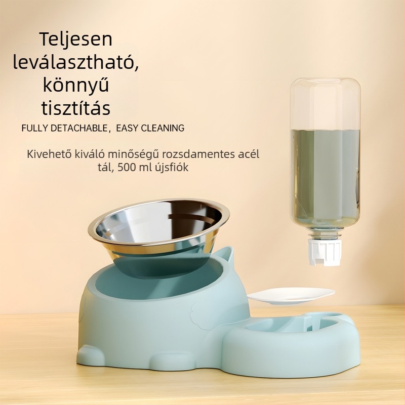Két tálas háziállat-etető automata vízellátóval macskáknak és kutyáknak, kettős test, súly 1 kg, nem leválasztható, alkalmazástámogatás nélkül