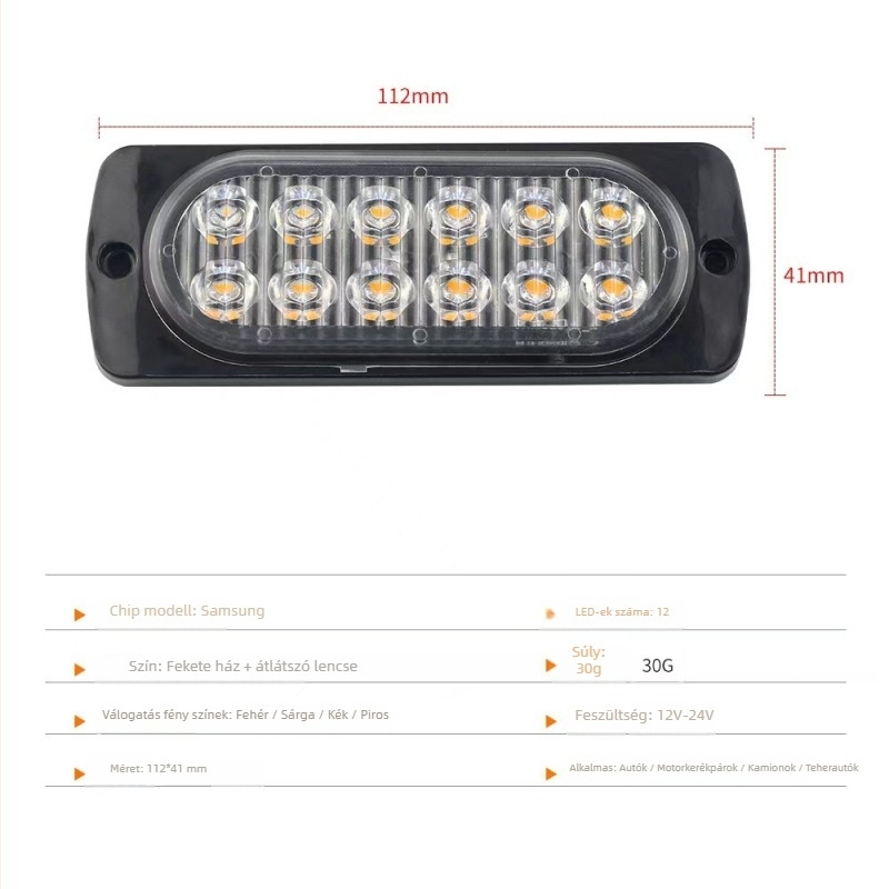 I-cl-12 led autófigyelmeztető fény, 12-24V, 4W, ABS, ultra vékony, 12 LED, hátsó ajtó/ mennyezeti dekoratív fény, csavaros rögzítés