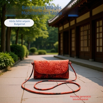 Női kínai stílusú selyem mobiltelefon-táska, belső kártyatartóval, cipzáros külső rész, vízszintes négyzet alakú forma