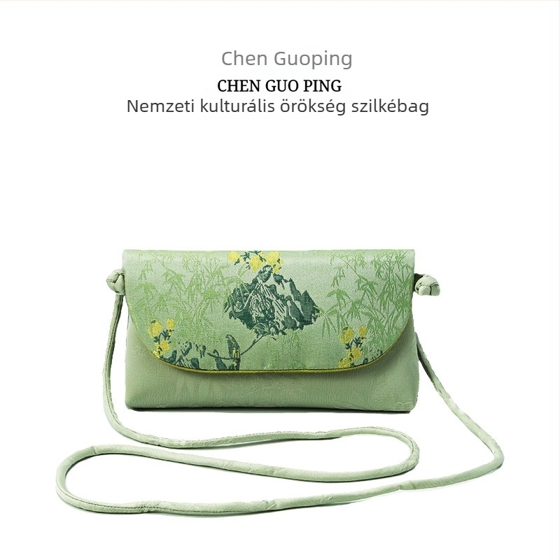 Női kínai stílusú selyem mobiltelefon-táska, belső kártyatartóval, cipzáros külső rész, vízszintes négyzet alakú forma