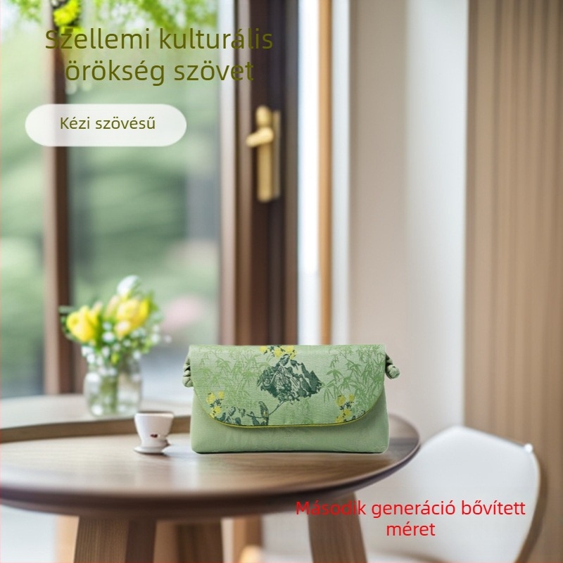 Női kínai stílusú selyem mobiltelefon-táska, belső kártyatartóval, cipzáros külső rész, vízszintes négyzet alakú forma