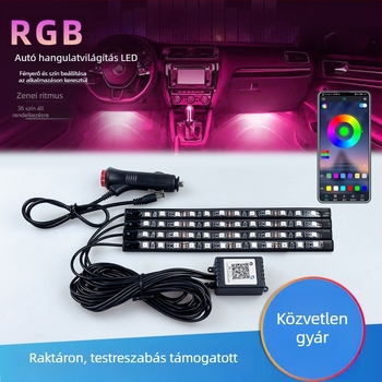 Autó belső LED hangulatvilágítás szett, 4-csatornás, alkalmazás-vezérelt, színváltó, lábtér világítás, testreszabható beállítások, USB 5V vagy 12V tápegység