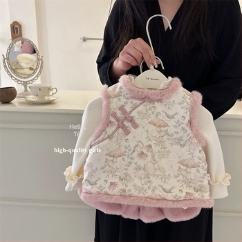 Gyerekeknek szóló téli vastagított mellény és rövidnadrágos szett lányoknak, magas gallér és gyöngy gombokkal, 75% pamut