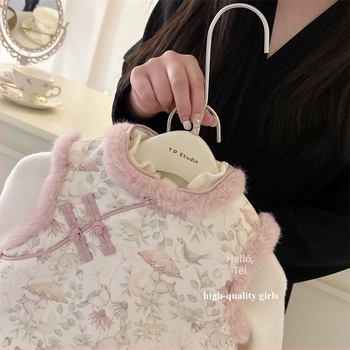 Gyerekeknek szóló téli vastagított mellény és rövidnadrágos szett lányoknak, magas gallér és gyöngy gombokkal, 75% pamut