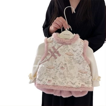 Gyerekeknek szóló téli vastagított mellény és rövidnadrágos szett lányoknak, magas gallér és gyöngy gombokkal, 75% pamut