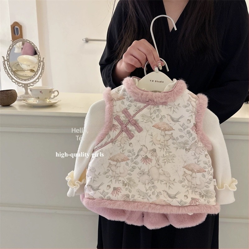 Gyerekeknek szóló téli vastagított mellény és rövidnadrágos szett lányoknak, magas gallér és gyöngy gombokkal, 75% pamut