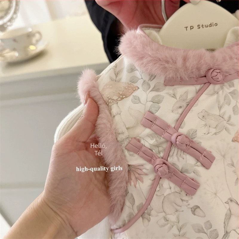 Gyerekeknek szóló téli vastagított mellény és rövidnadrágos szett lányoknak, magas gallér és gyöngy gombokkal, 75% pamut