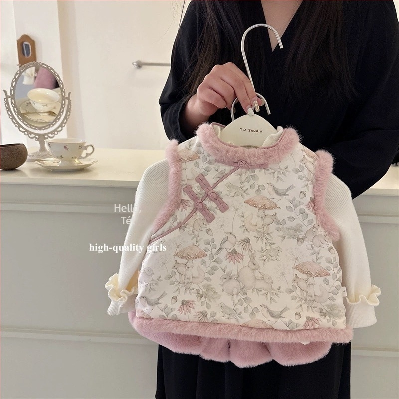 Gyerekeknek szóló téli vastagított mellény és rövidnadrágos szett lányoknak, magas gallér és gyöngy gombokkal, 75% pamut