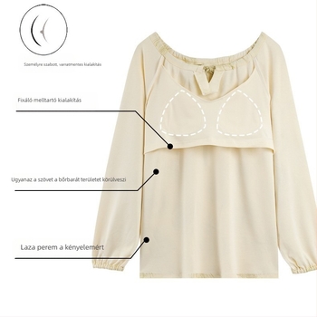 Női elasztikus pamut pizsamaszett mellkasbetéttel, kerek nyakú, hosszú ujjú