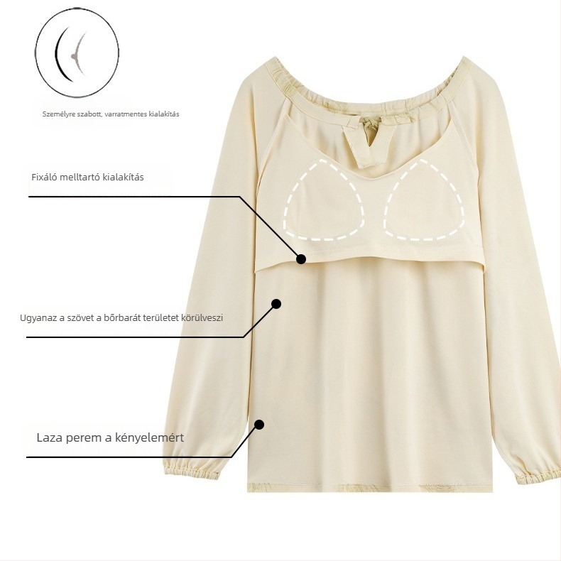 Női elasztikus pamut pizsamaszett mellkasbetéttel, kerek nyakú, hosszú ujjú