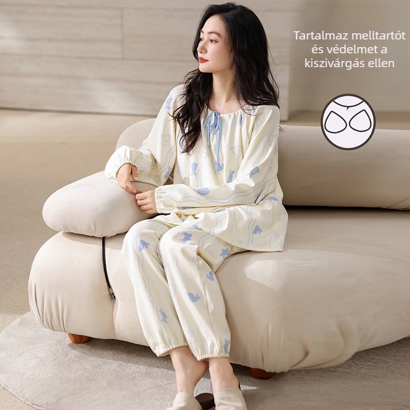 Női elasztikus pamut pizsamaszett mellkasbetéttel, kerek nyakú, hosszú ujjú