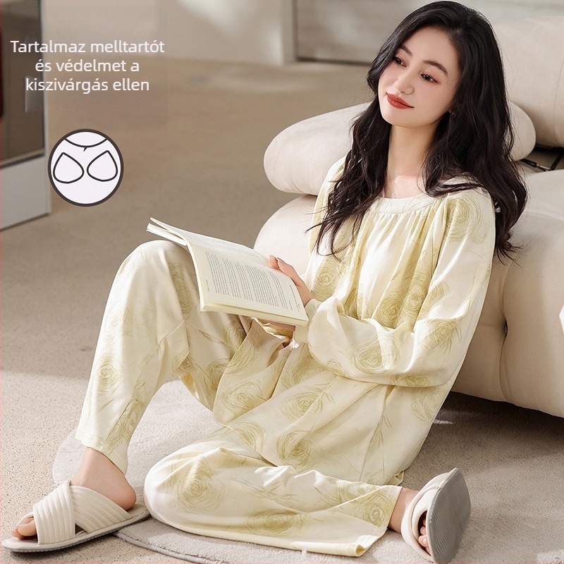 Női elasztikus pamut pizsamaszett mellkasbetéttel, kerek nyakú, hosszú ujjú