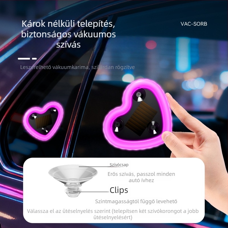 Szív alakú LED autó belső ambient lámpa, napelemes, 5V, 0,5W, rögzítés vákuumos csészével a belső első térben
