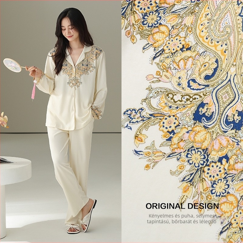 Cardigan-stílusú pizsama készlet, hosszú ujjú, galléros, pamut-Lycra keverék, könnyű és légáteresztő, 95–100% pamut, 181–200 g/m2, tavaszra és őszre