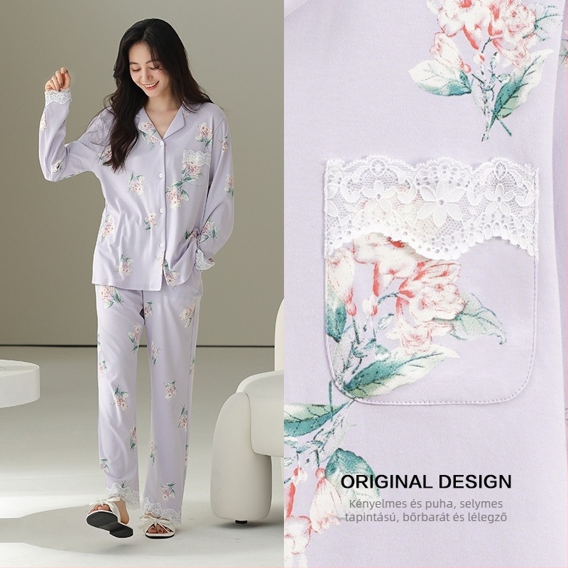 Cardigan-stílusú pizsama készlet, hosszú ujjú, galléros, pamut-Lycra keverék, könnyű és légáteresztő, 95–100% pamut, 181–200 g/m2, tavaszra és őszre