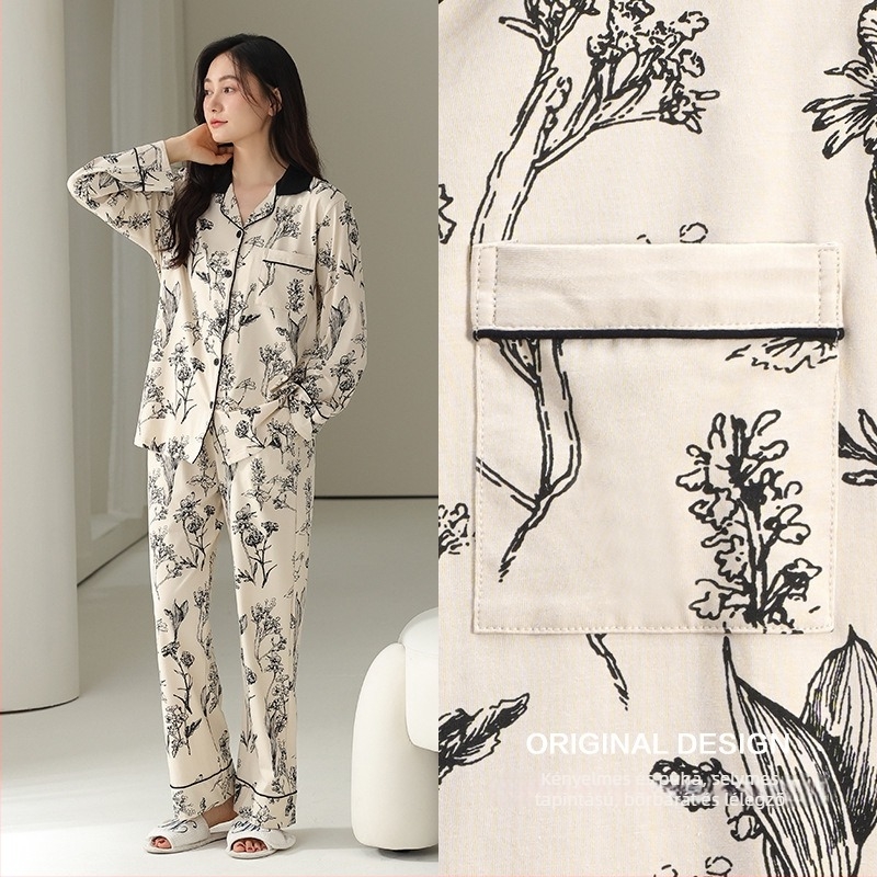 Cardigan-stílusú pizsama készlet, hosszú ujjú, galléros, pamut-Lycra keverék, könnyű és légáteresztő, 95–100% pamut, 181–200 g/m2, tavaszra és őszre