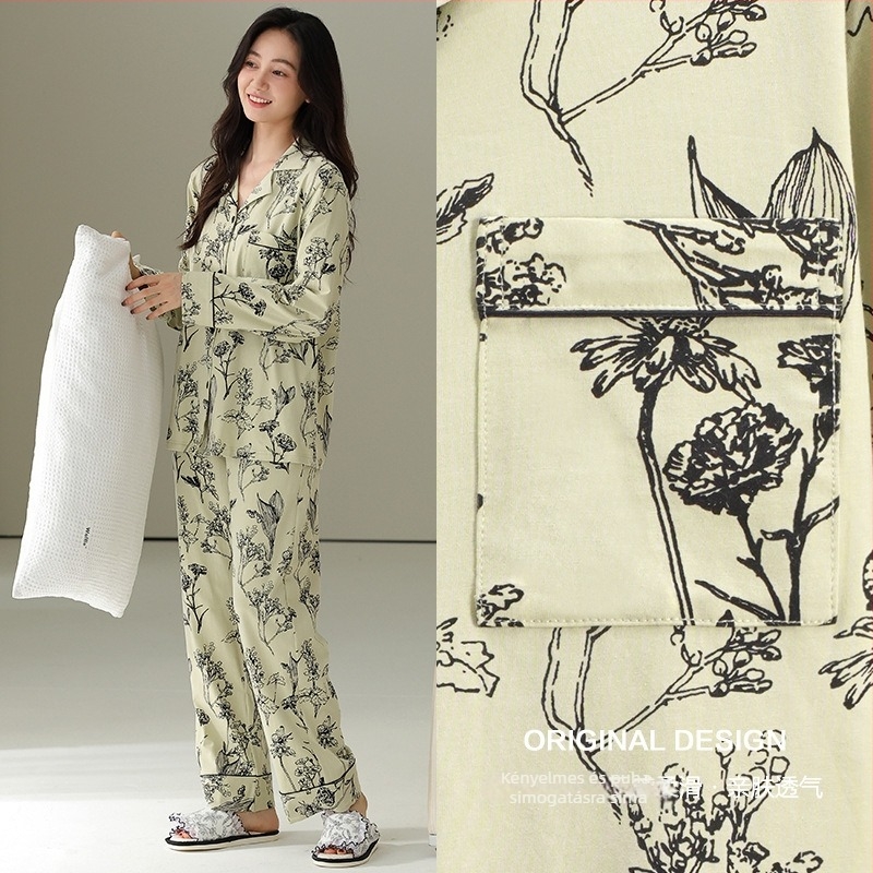 Cardigan-stílusú pizsama készlet, hosszú ujjú, galléros, pamut-Lycra keverék, könnyű és légáteresztő, 95–100% pamut, 181–200 g/m2, tavaszra és őszre