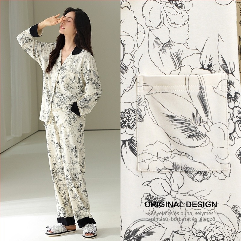 Cardigan-stílusú pizsama készlet, hosszú ujjú, galléros, pamut-Lycra keverék, könnyű és légáteresztő, 95–100% pamut, 181–200 g/m2, tavaszra és őszre