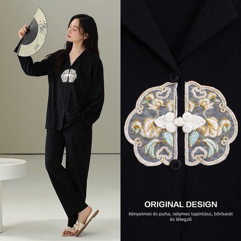 Cardigan-stílusú pizsama készlet, hosszú ujjú, galléros, pamut-Lycra keverék, könnyű és légáteresztő, 95–100% pamut, 181–200 g/m2, tavaszra és őszre