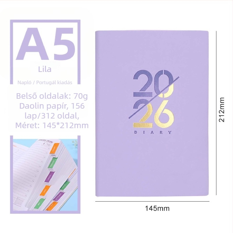 Notebook – 2026-os napi oldalú önfegyelmi tervező naptárral, PU borító, Dowling papír, 80 g/m², 300–400 oldal, Üzleti stílus