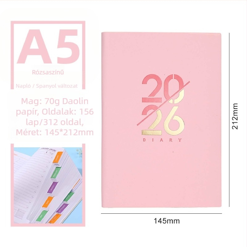 Notebook – 2026-os napi oldalú önfegyelmi tervező naptárral, PU borító, Dowling papír, 80 g/m², 300–400 oldal, Üzleti stílus