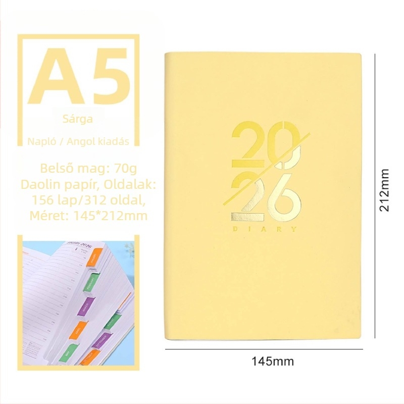 Notebook – 2026-os napi oldalú önfegyelmi tervező naptárral, PU borító, Dowling papír, 80 g/m², 300–400 oldal, Üzleti stílus