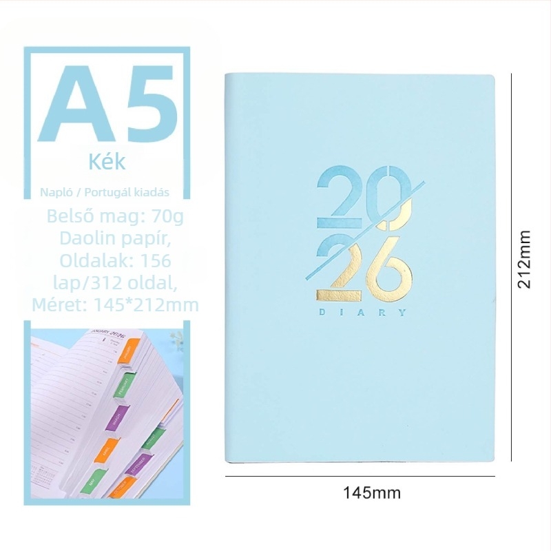 Notebook – 2026-os napi oldalú önfegyelmi tervező naptárral, PU borító, Dowling papír, 80 g/m², 300–400 oldal, Üzleti stílus