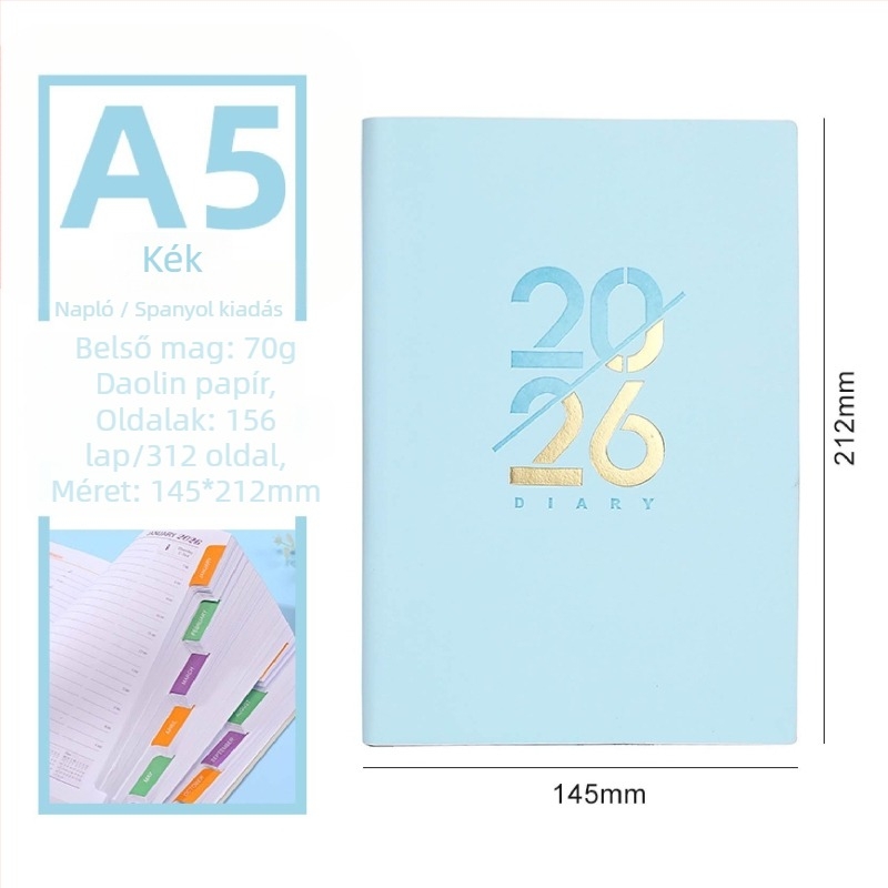 Notebook – 2026-os napi oldalú önfegyelmi tervező naptárral, PU borító, Dowling papír, 80 g/m², 300–400 oldal, Üzleti stílus